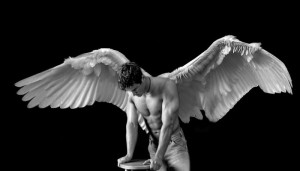 black-and-white-fantasy-picture-with-a-male-angel-with-big-white-wings